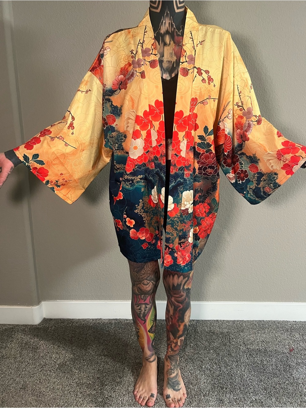 Floral Sunset Kimono Robe - Yellow & Navy